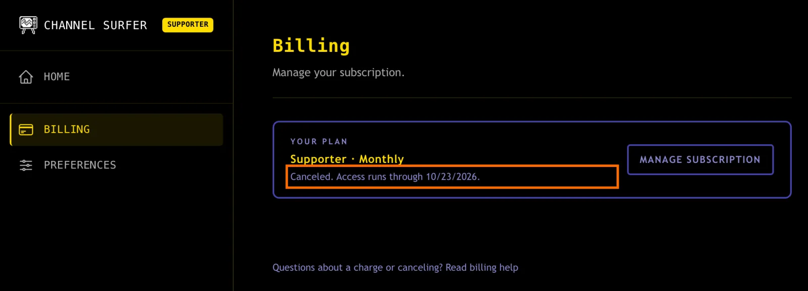 Dashboard Billing page with the status line Canceled. Access runs through a date, highlighted.