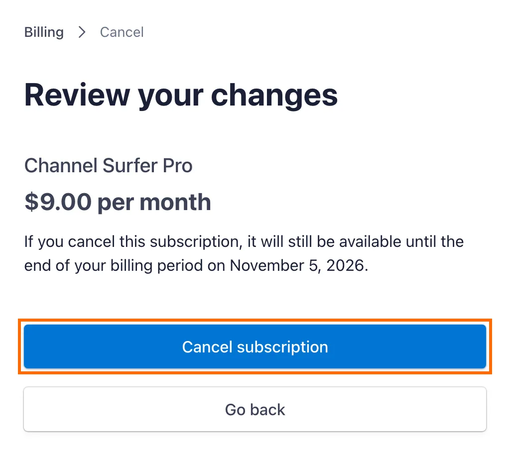 Stripe Review your changes page showing when access ends, with the Cancel subscription button highlighted.