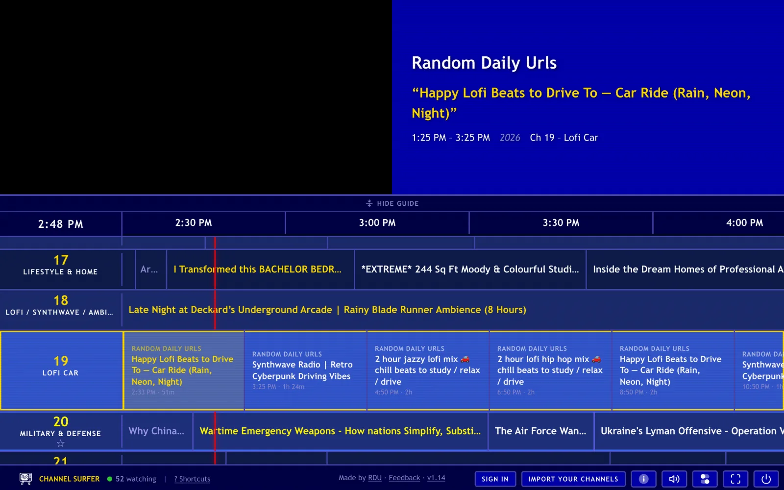 Channel Surfer TV with a video playing and the channel guide below it.