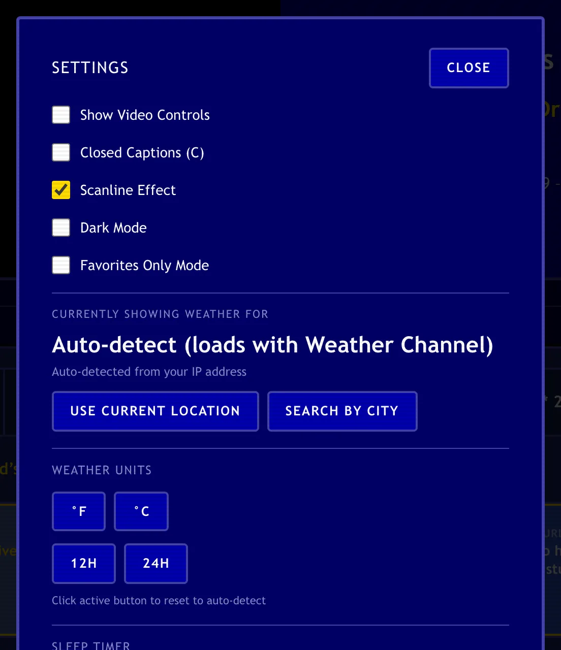 Channel Surfer Settings window with toggles for video controls, captions, and the scanline effect.