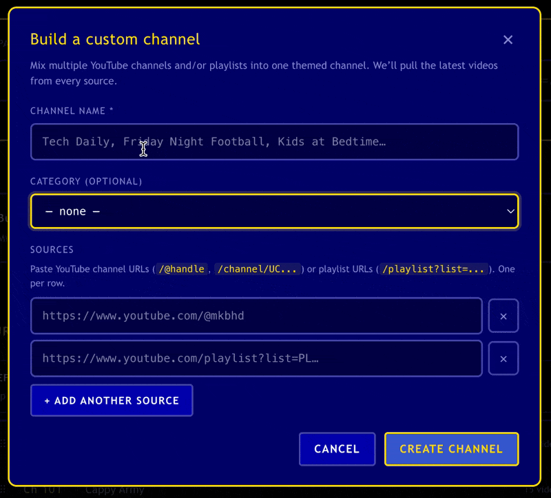 Building a custom Channel Surfer channel: naming it, then pasting a YouTube channel URL and a playlist URL as sources before clicking Create channel.
