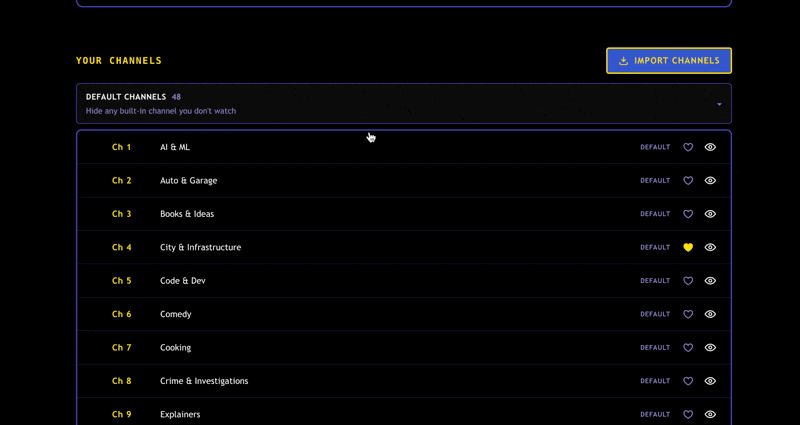 Reordering channels by dragging them, then hiding built-in default channels from the guide with the eye icon, in the dashboard channel list.