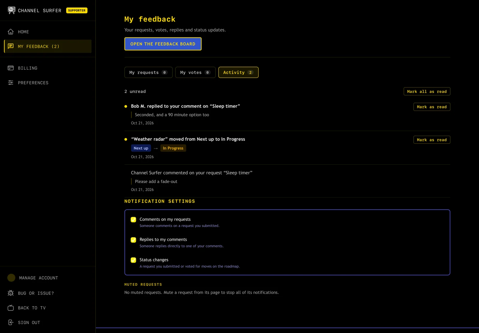 My feedback shows an unread count in the sidebar, with replies, status updates and notification settings in the Activity tab.