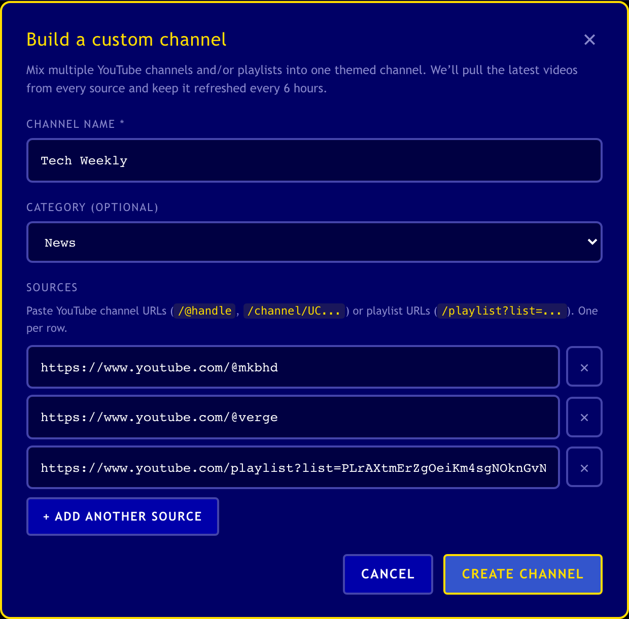 Channel Surfer Supporter feature: build a custom channel that mixes multiple YouTube sources (the MKBHD channel, The Verge channel, and a tech playlist) into a single themed channel called Tech Weekly.